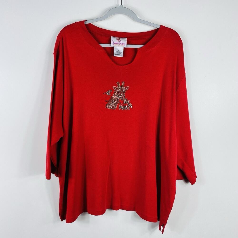 Quacker Factory Top 2X T-Shirt Red Rhinestone Giraffe 3/4 Sleeve
